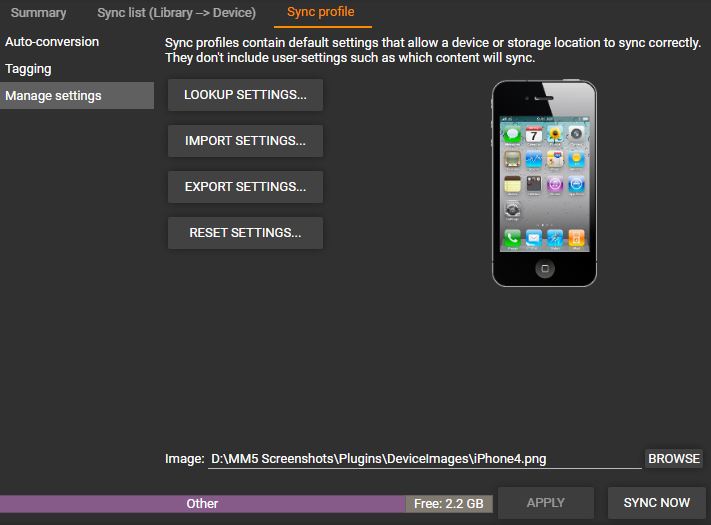 MediaMonkey Device Profile Sync Profile Manage Settings